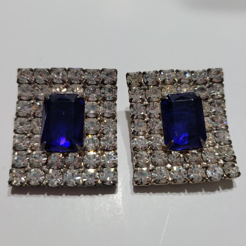 Vintage Faux Sapphire Rhinestone Clip On Earrings Art Nouveau Silver Tone